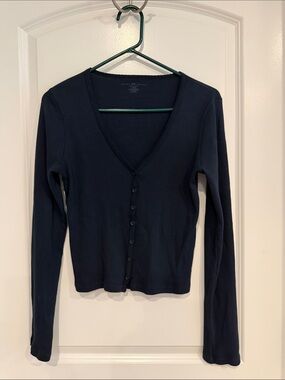 Brandy Melville Navy Long Sleeve V-Neck Button Top